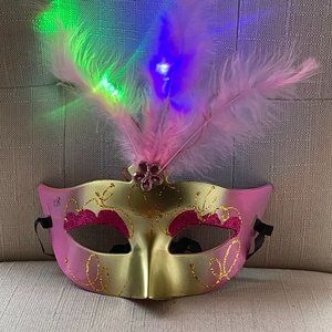Halloween Party Mask Light Up Eyemask Masquerade Mask Faux Pink Feather Mask